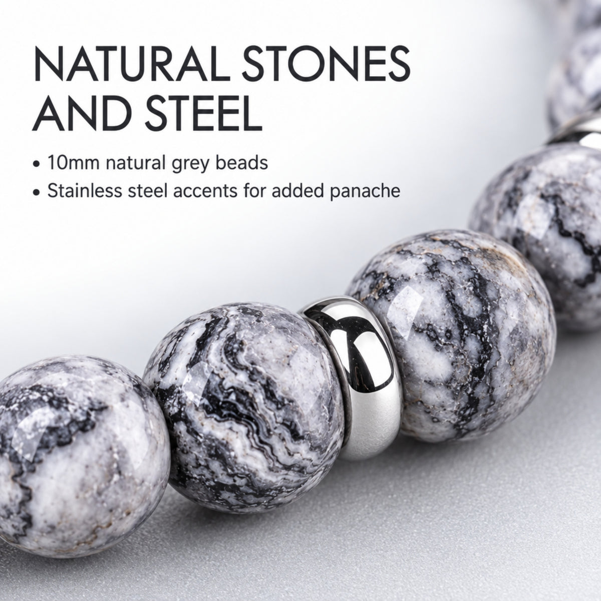 Men's Rio Jasper Light Grey Bead Bracelet, Large in Stainless Steel, view 4