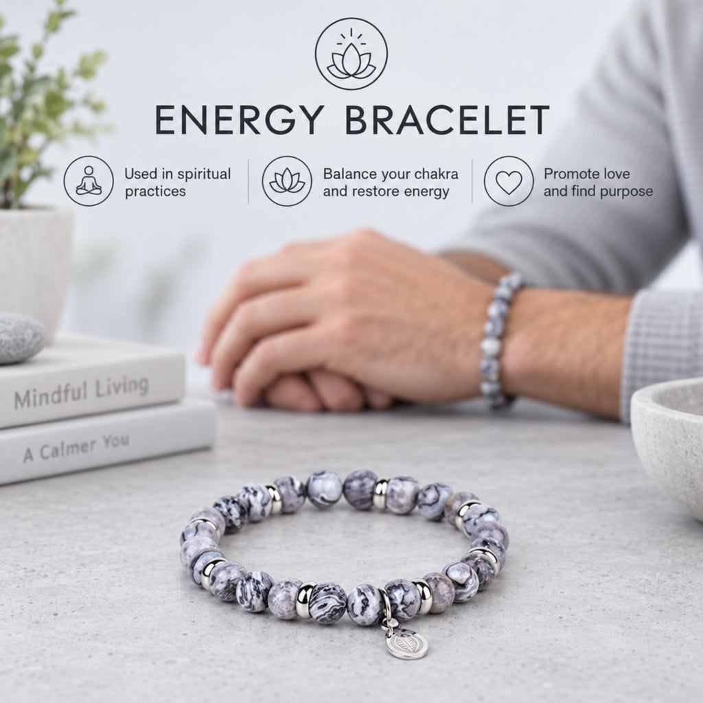 Men's Rio Jasper Light Grey Bead Bracelet, Large in Stainless Steel, view 5