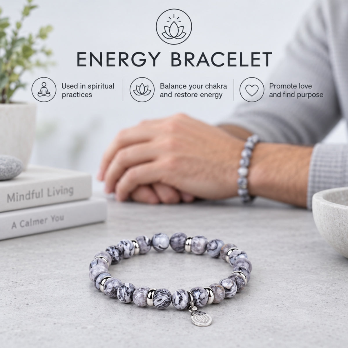 Men's Rio Jasper Light Grey Bead Bracelet, Large in Stainless Steel, view 5