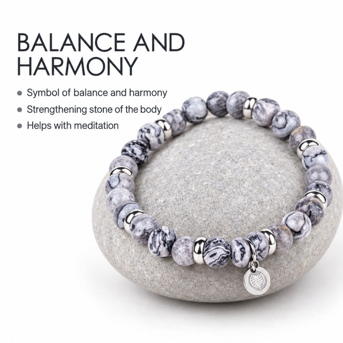 Men's Rio Jasper Light Grey Bead Bracelet, Large in Stainless Steel, view 6