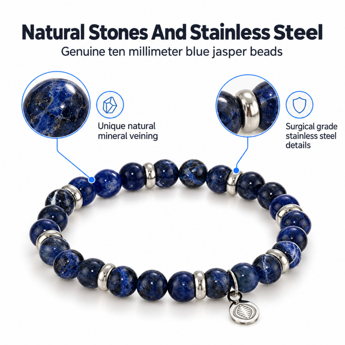Men's Rio Blue Sodalite Jasper Bead Bracelet, Large in Stainless Steel, view 2