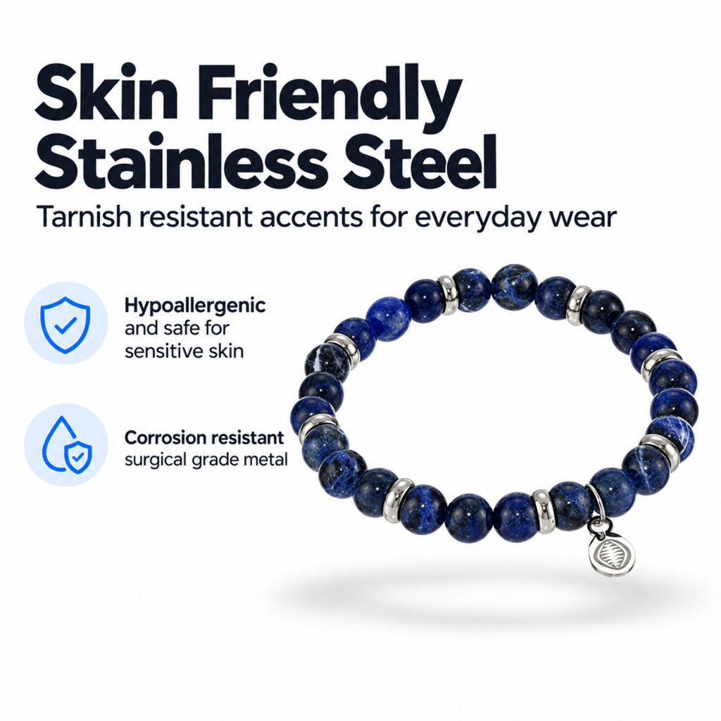 Men's Rio Blue Sodalite Jasper Bead Bracelet, Large in Stainless Steel, view 5