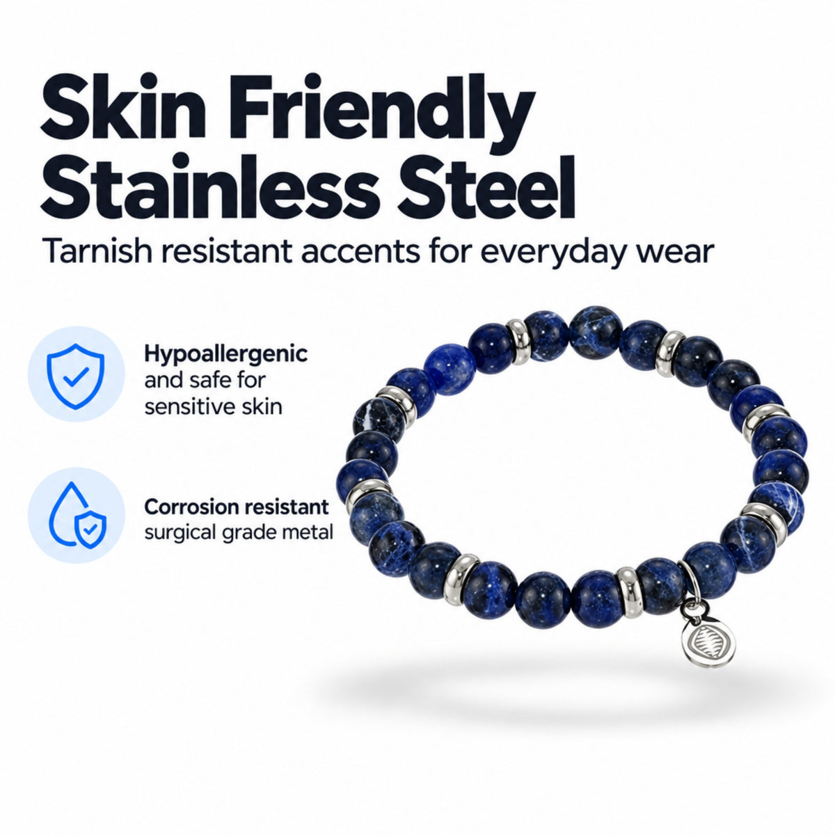 Men's Rio Blue Sodalite Jasper Bead Bracelet, Large in Stainless Steel, view 5