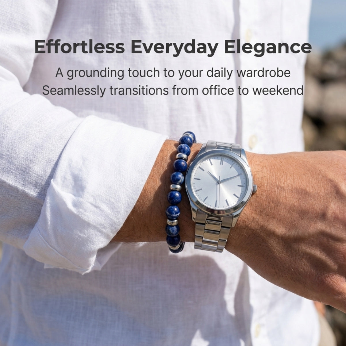 Men's Rio Blue Sodalite Jasper Bead Bracelet, Large in Stainless Steel, view 6