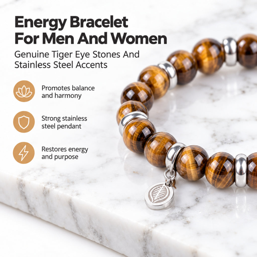 Rio Brown Tiger's Eye Bead Bracelet, Large in Stainless Steel, view 2