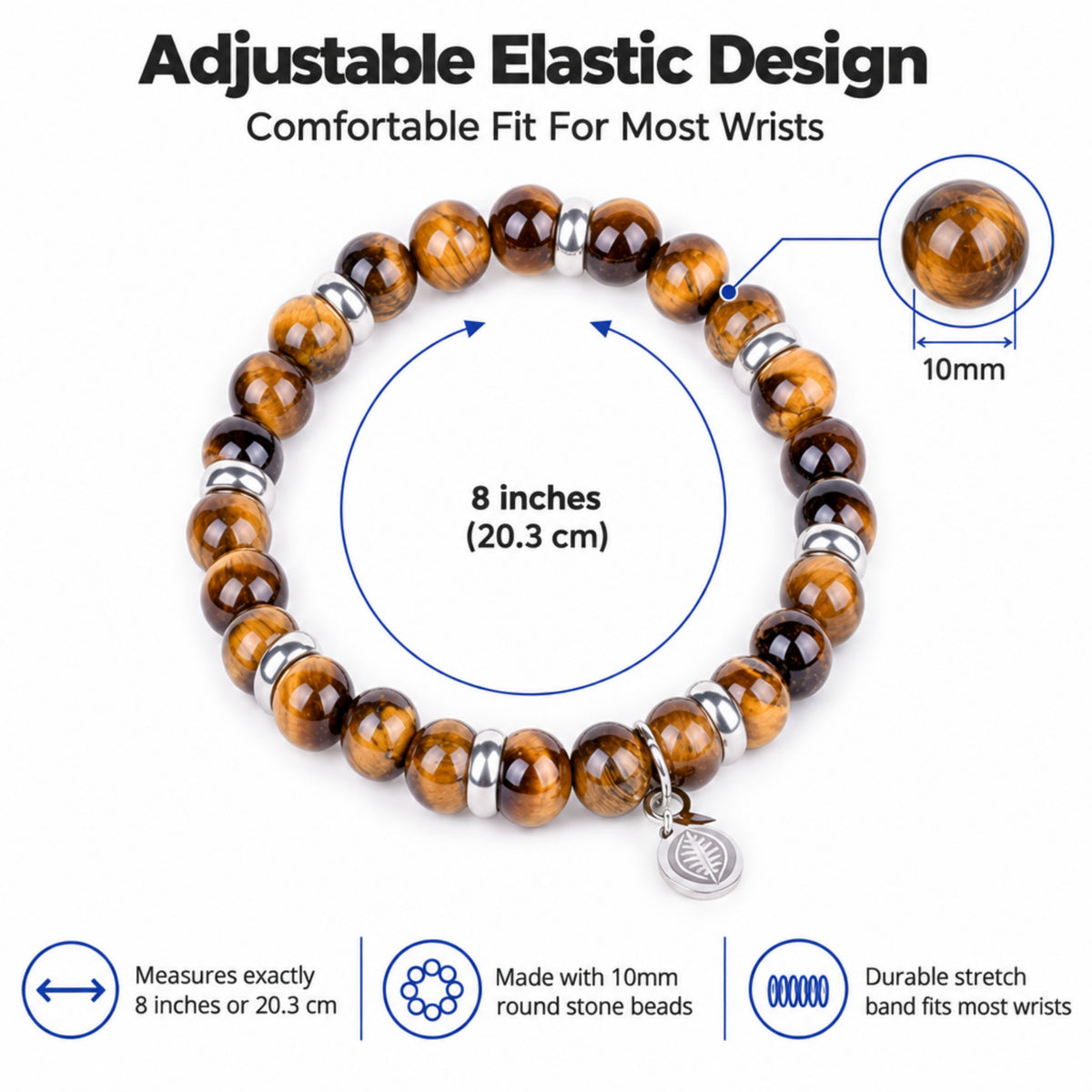 Rio Brown Tiger's Eye Bead Bracelet, Large in Stainless Steel, view 3