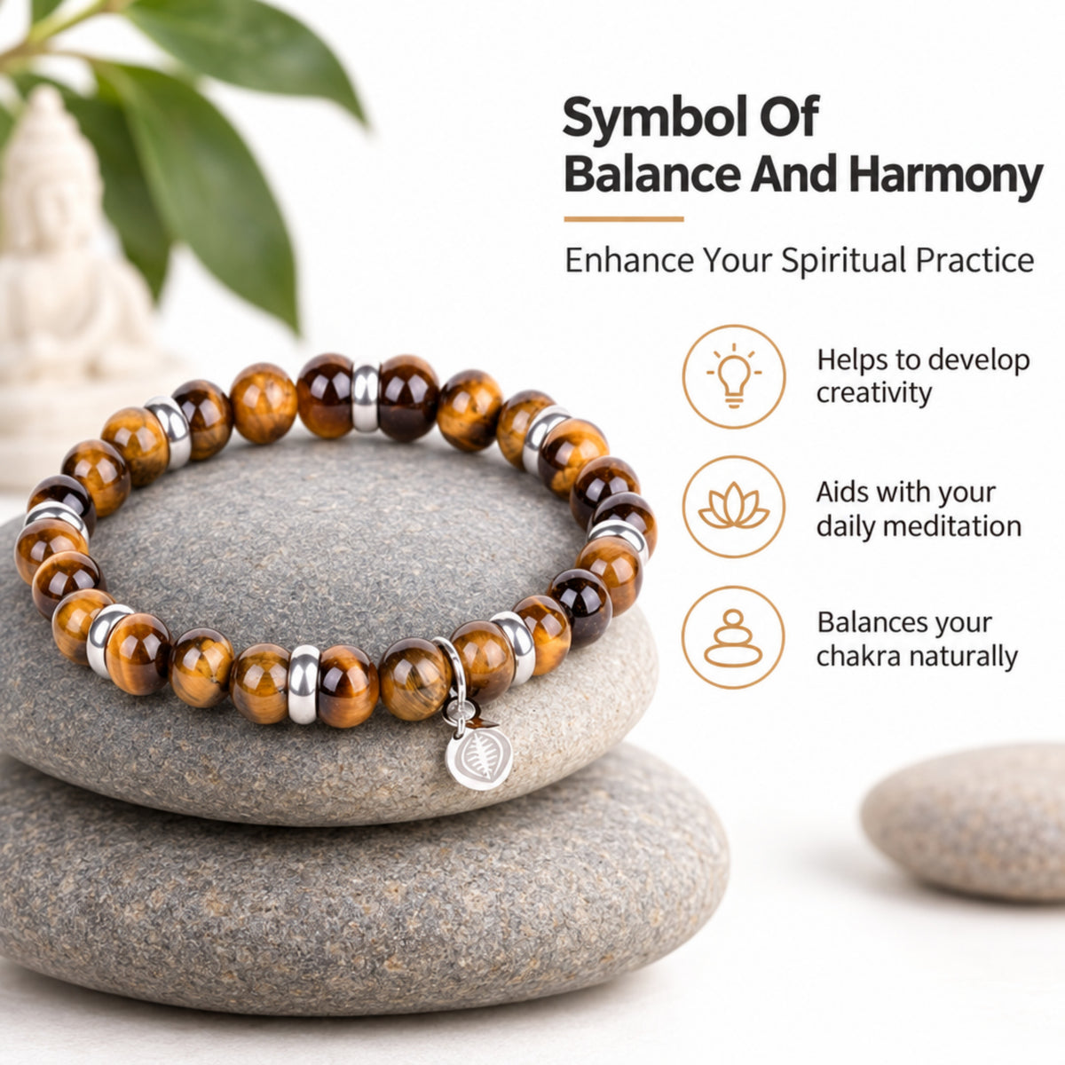 Rio Brown Tiger's Eye Bead Bracelet, Large in Stainless Steel, view 5