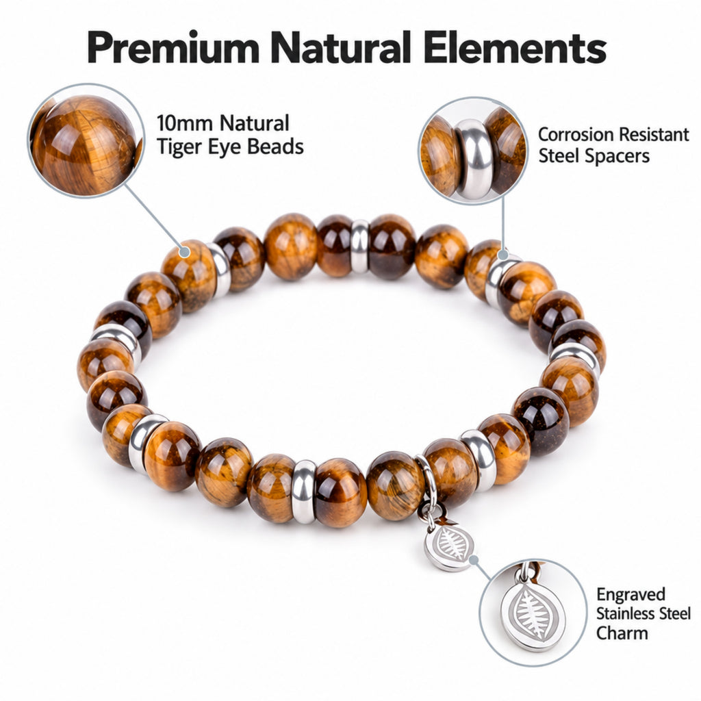 Rio Brown Tiger's Eye Bead Bracelet, Large in Stainless Steel, view 6