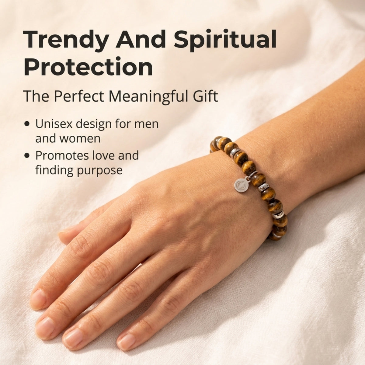 Rio Brown Tiger's Eye Bead Bracelet, Large in Stainless Steel, view 7