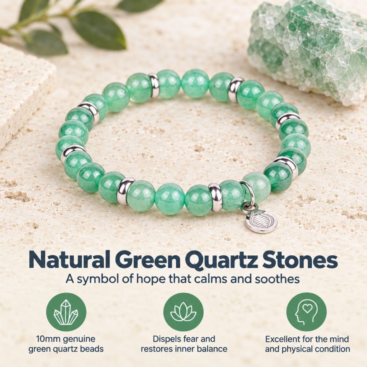 Rio Green Quartzite Bead Bracelet, Large in Stainless Steel, view 2