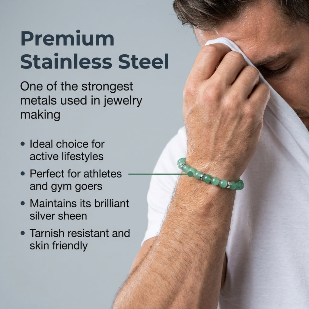 Rio Green Quartzite Bead Bracelet, Large in Stainless Steel, view 4
