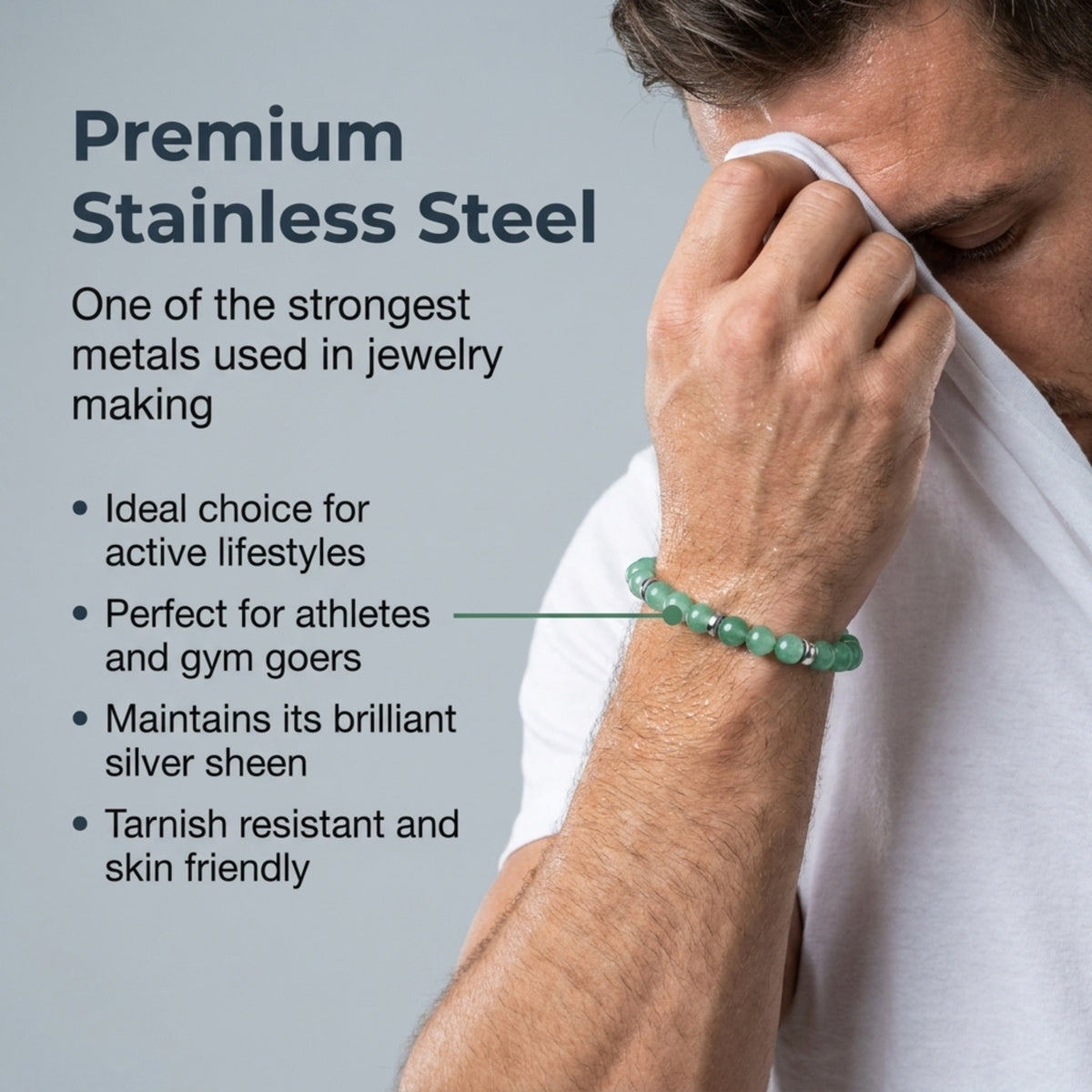 Rio Green Quartzite Bead Bracelet, Large in Stainless Steel, view 4