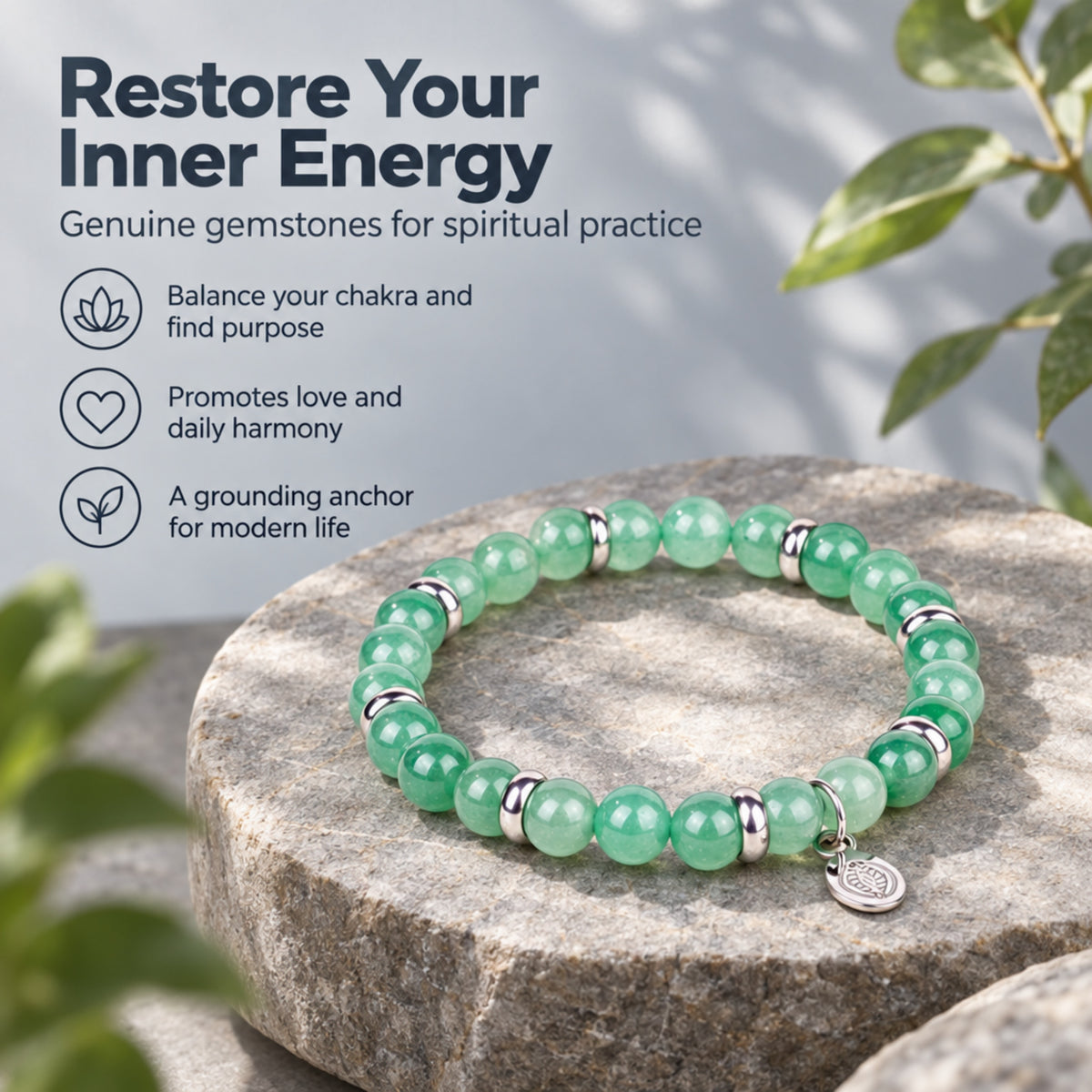 Rio Green Quartzite Bead Bracelet, Large in Stainless Steel, view 5