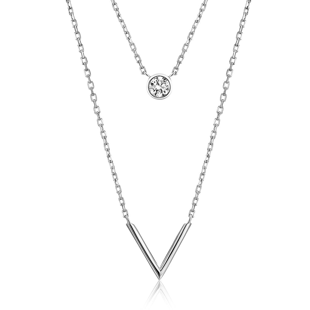 Mystigrey Victoria .925 Sterling Silver Plated Rhodium and 18K Gold Plated  Dual Necklace for Women with V and Cubic Zirconia
