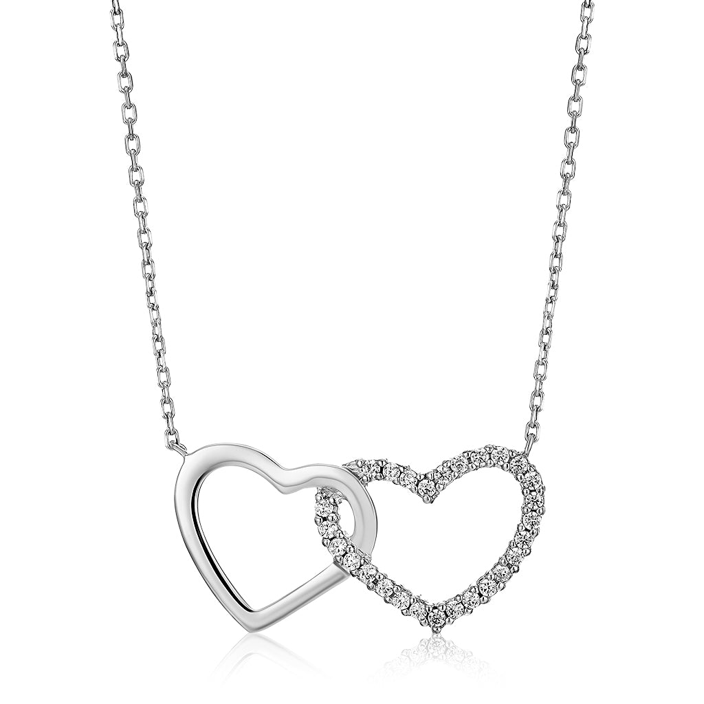 Mystigrey Milena Two Hearts .925 Sterling Silver Plated Rhodium and 18K Gold Plated Necklace for Women with Cubic Zirconia