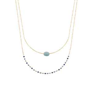 Mystigrey Girls and Women Agatha 18K Plated Gold Double Necklace Gold Black Agate, Blue Amazonite, Pink Quartz, Green Aventurine and White Moonstone