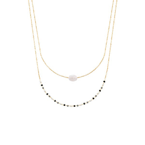 Mystigrey Girls and Women Agatha 18K Plated Gold Double Necklace Gold Black Agate, Blue Amazonite, Pink Quartz, Green Aventurine and White Moonstone