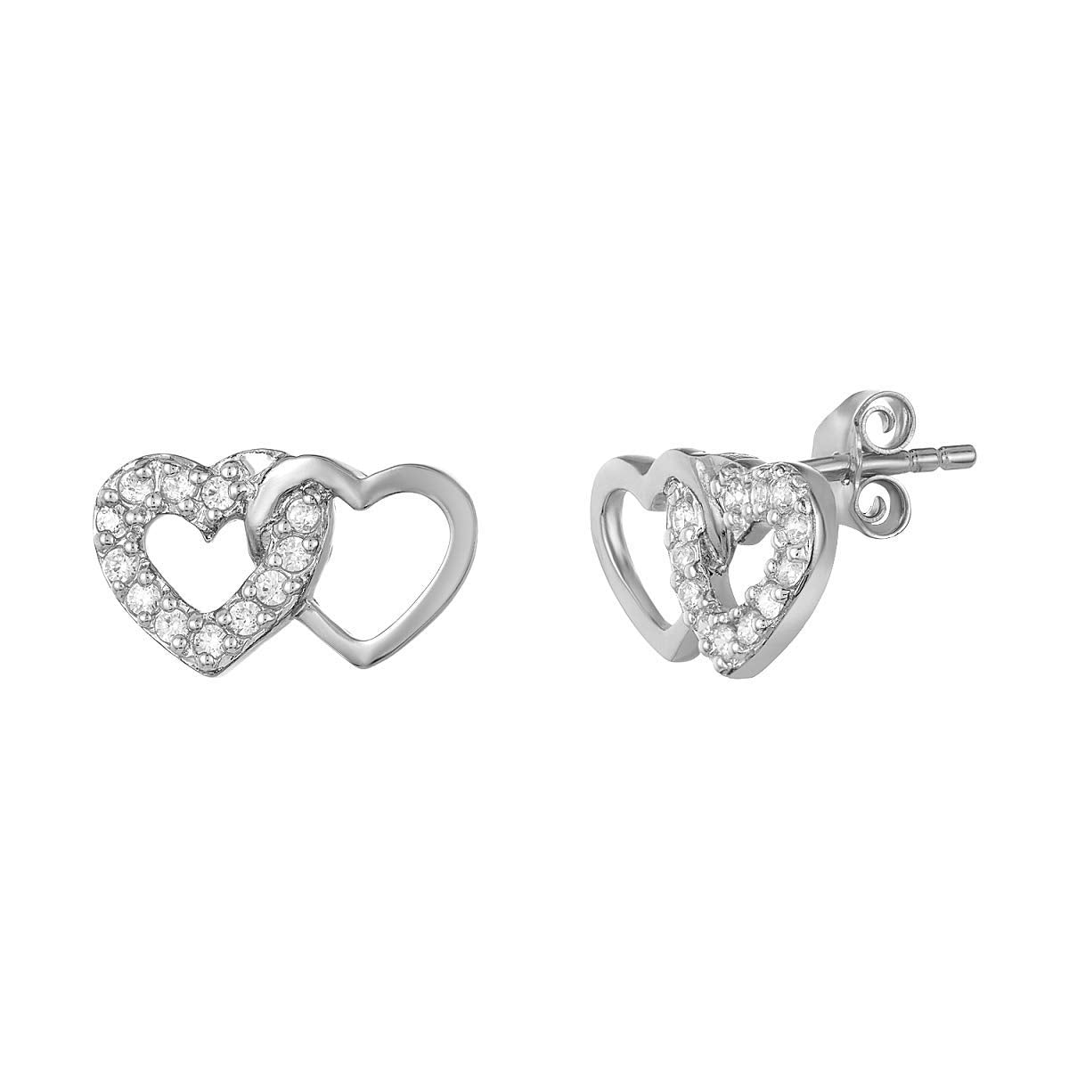 Milena Two Hearts Earrings in 925 Sterling Silver Plated Rhodium or 18K Gold Plated, view 2