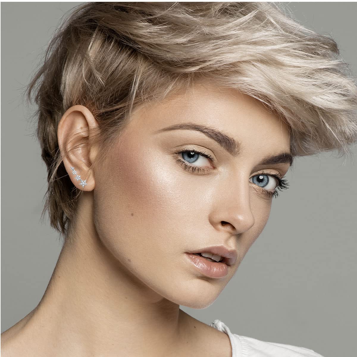 Stella 4 Stars Climber Earrings in 925 Sterling Silver Plated Rhodium or 18K Gold Plated, view 2