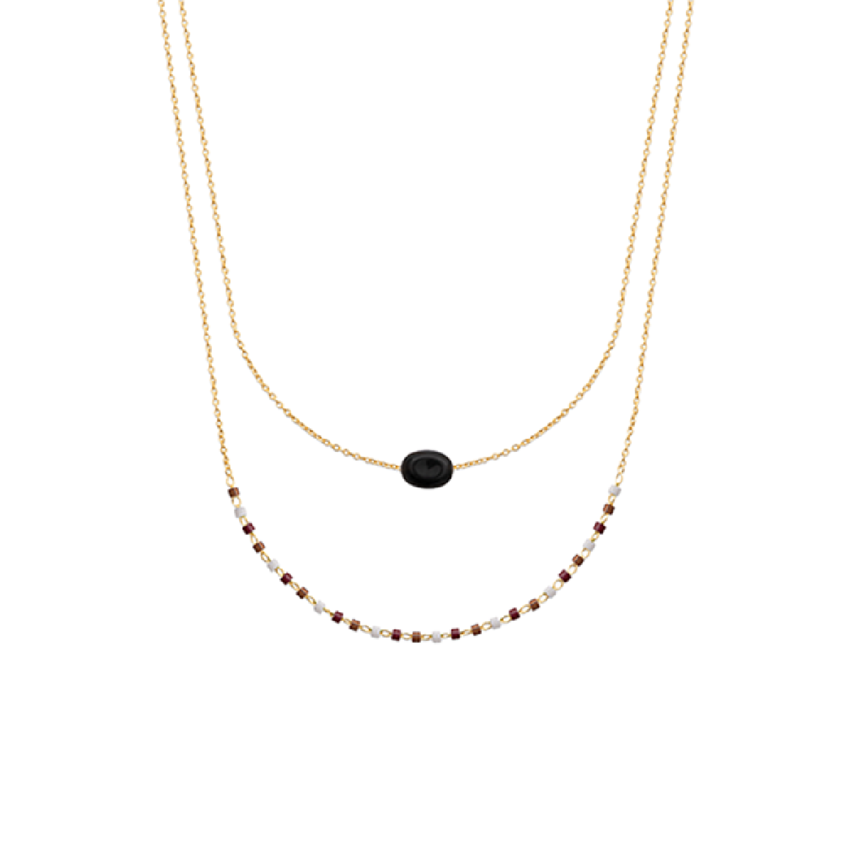 Mystigrey Agatha 18K Gold Plated  Double Necklace for Women Available in Black Agate, Blue Amazonite, Pink Quartz, Green Aventurine and White Moonstone