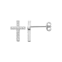 Load image into Gallery viewer, Mystigrey Cross .925 Sterling Silver Plated Rhodium and 18K Gold Plated Earrings with Cubic Zirconia
