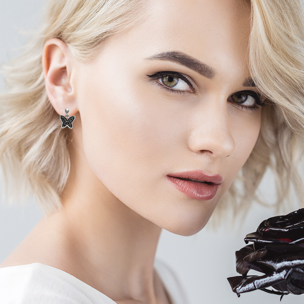 Butterfly Black Earrings in 925 Sterling Silver Plated Rhodium, view 3
