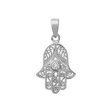 Load image into Gallery viewer, Mystigrey Hamsa .925 Sterling Silver Pendant and 18K Gold Plated for Women and Men with Cubic Zirconia, Blue, Red
