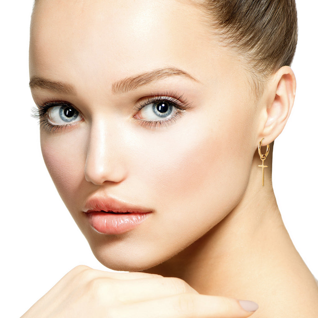 Mystigrey Cross 18K Gold Plated Hoop Earrings for Women 0.4 x 0.2 and in 0.6 x 0.25