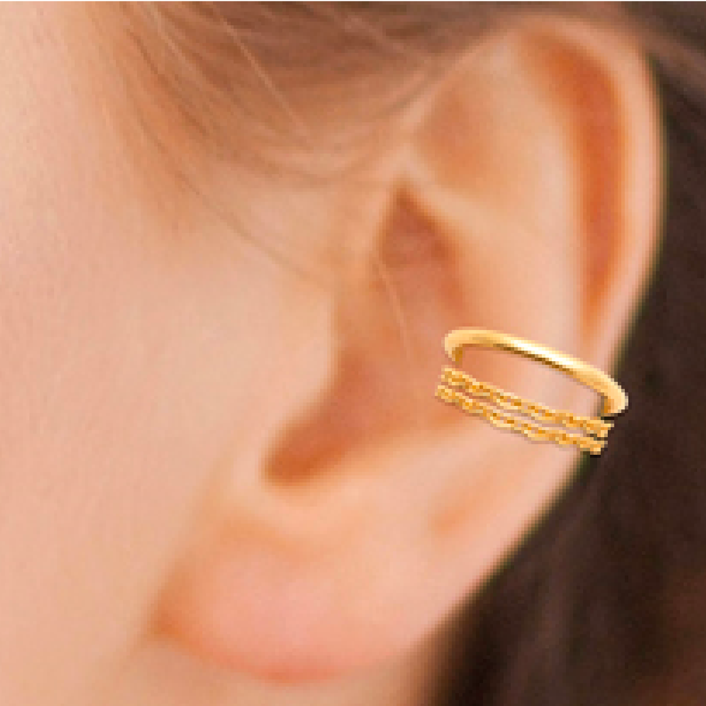 Mystigrey Oriel .925 Sterling Silver Plated Rhodium and 18K Gold Plated Cuff Earring with 2 Chains