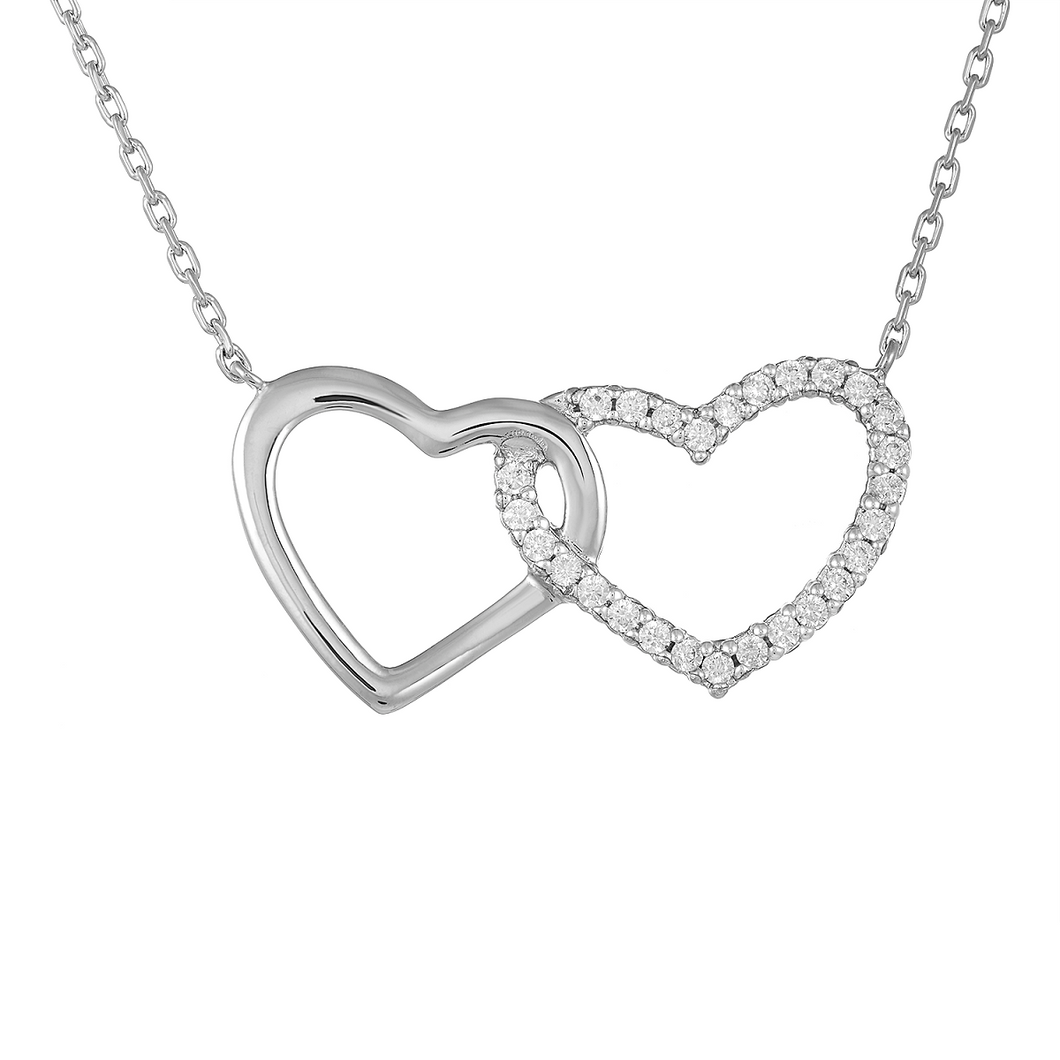 Mystigrey Milena Two Hearts .925 Sterling Silver Plated Rhodium and 18K Gold Plated Necklace for Women with Cubic Zirconia