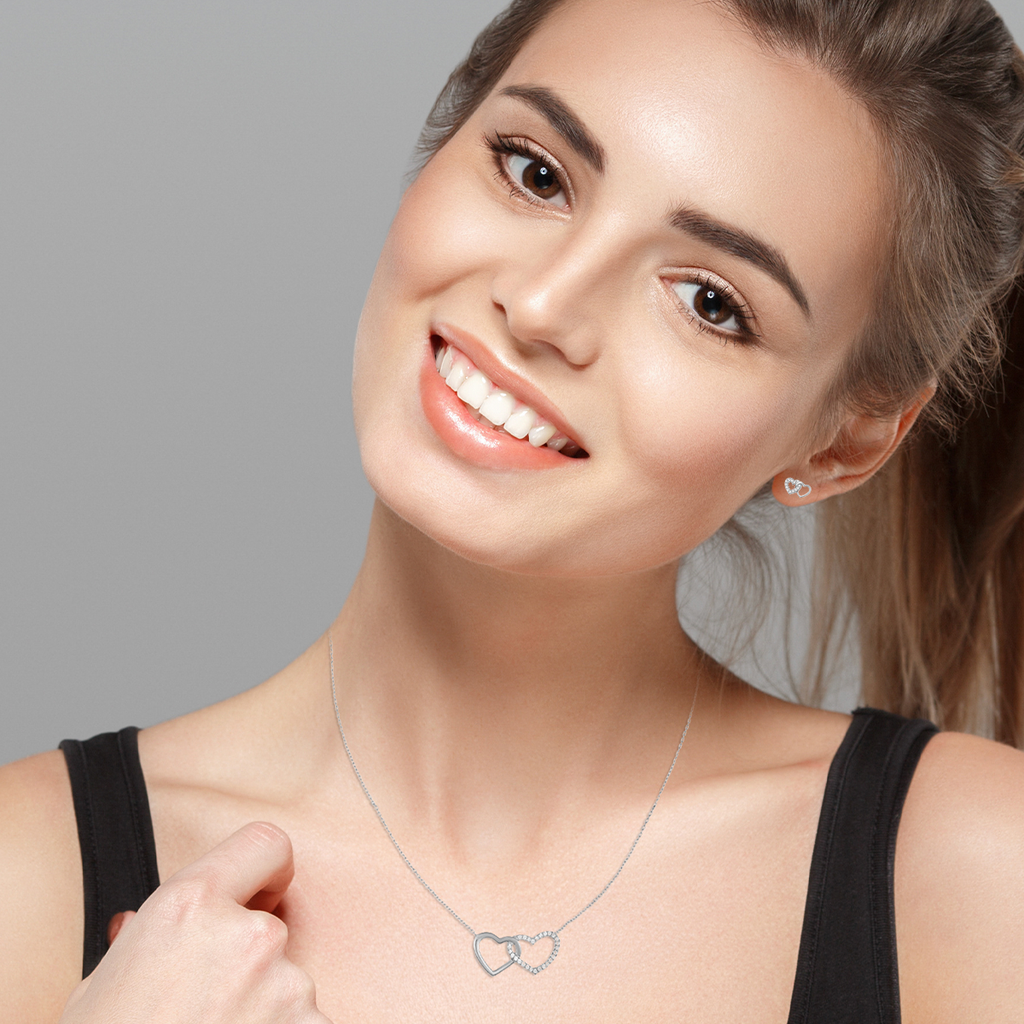 Mystigrey Milena Two Hearts .925 Sterling Silver Plated Rhodium and 18K Gold Plated Necklace for Women with Cubic Zirconia