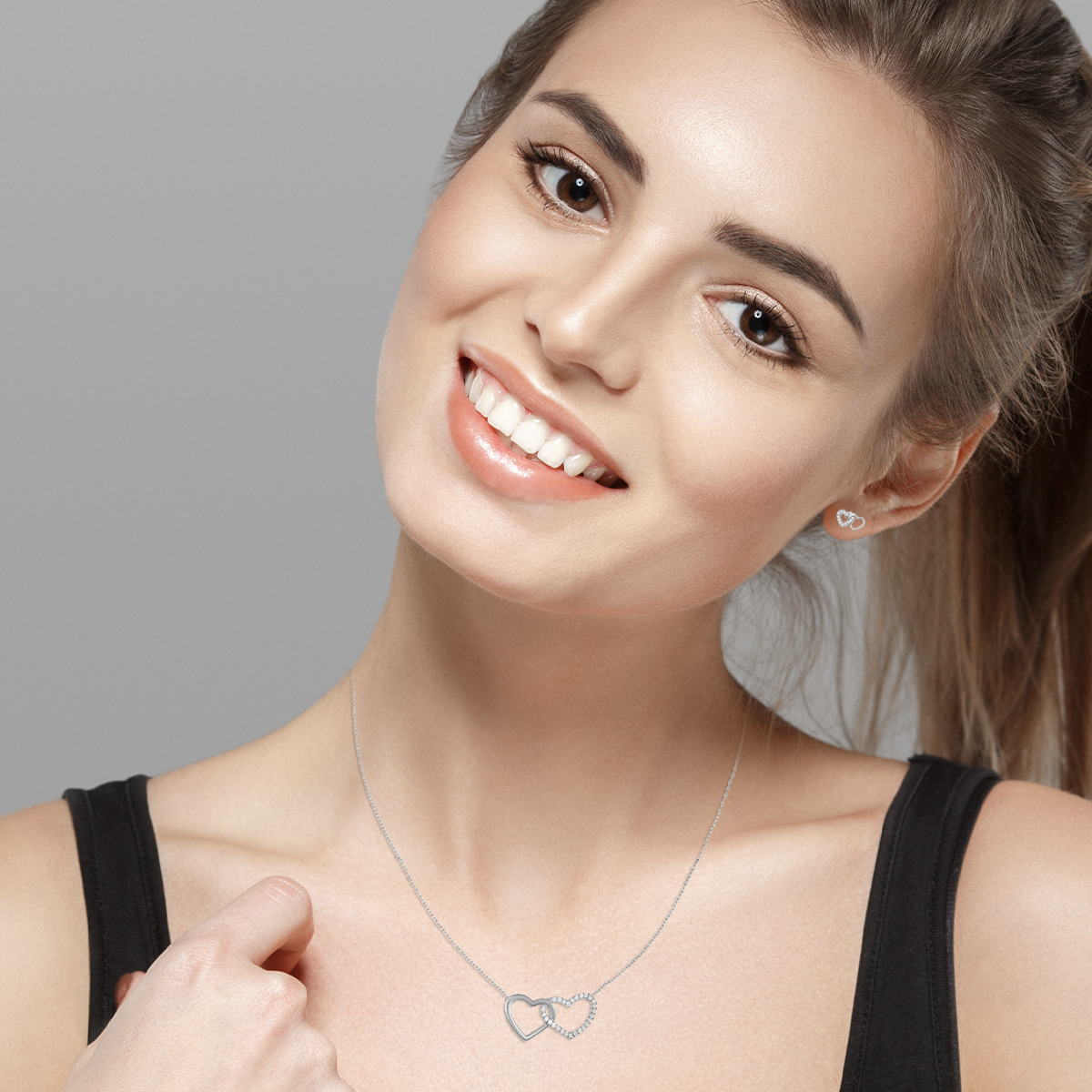 Mystigrey Milena Two Hearts .925 Sterling Silver Plated Rhodium and 18K Gold Plated Necklace for Women with Cubic Zirconia