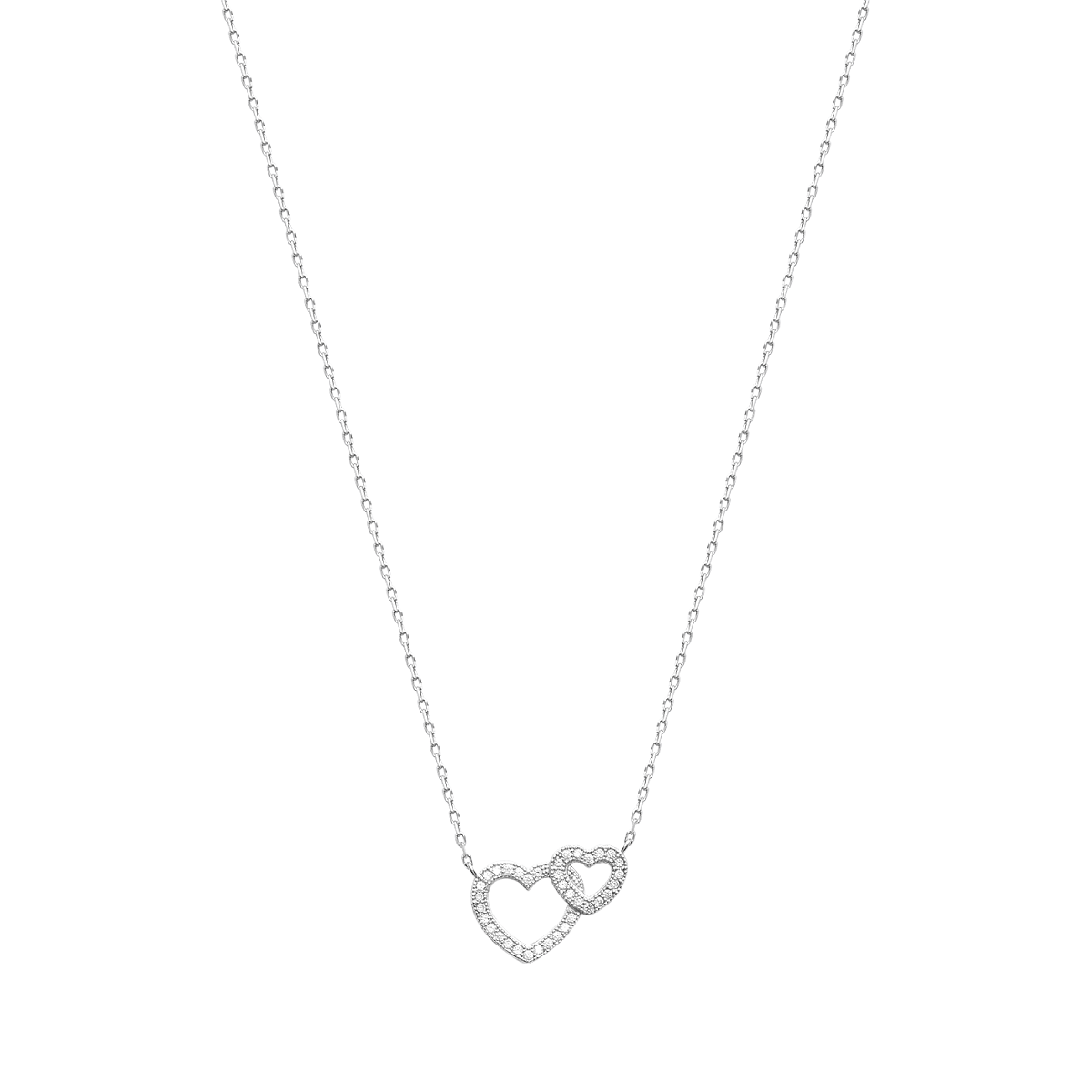 Mystigrey Milena Two Small Hearts .925 Sterling Silver Plated Rhodium and 18K Gold Plated Necklace for Women with Cubic Zirconia