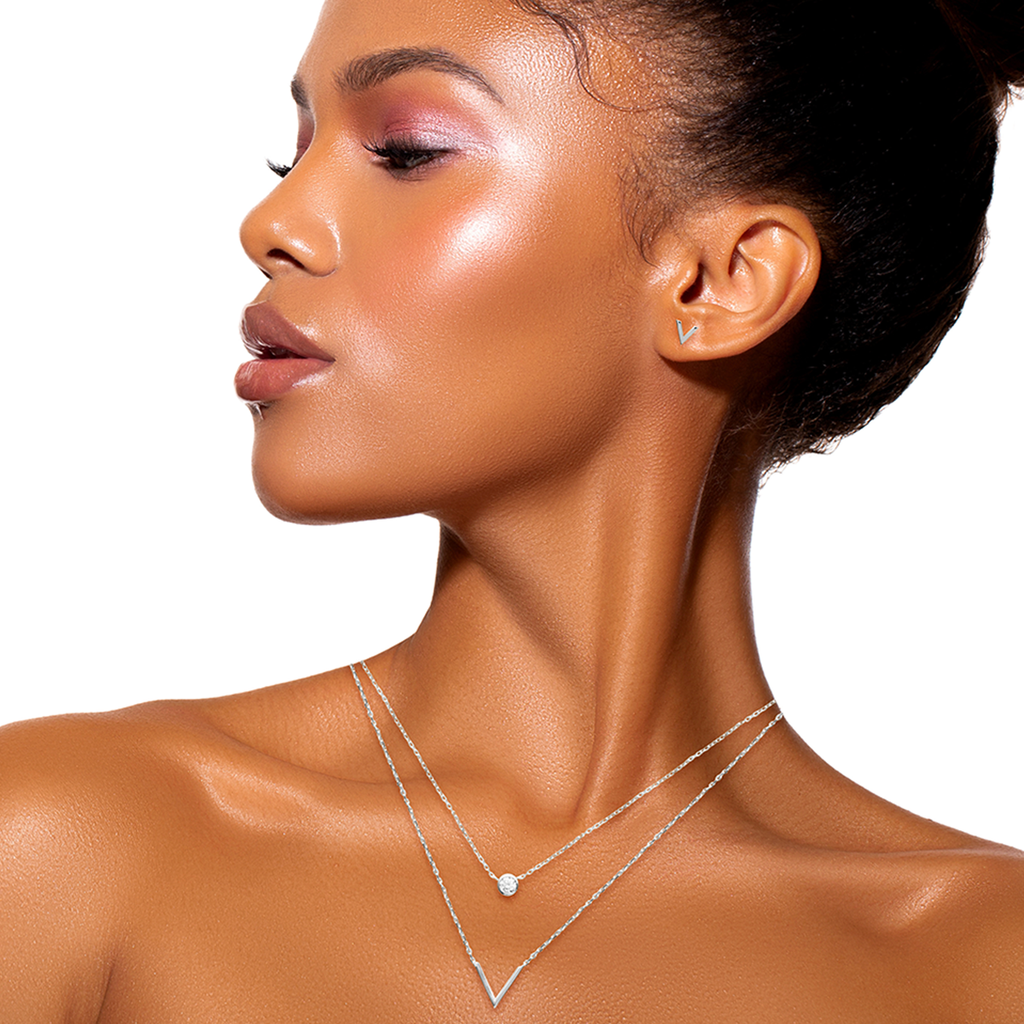 Mystigrey Victoria .925 Sterling Silver Plated Rhodium and 18K Gold Plated  Dual Necklace for Women with V and Cubic Zirconia
