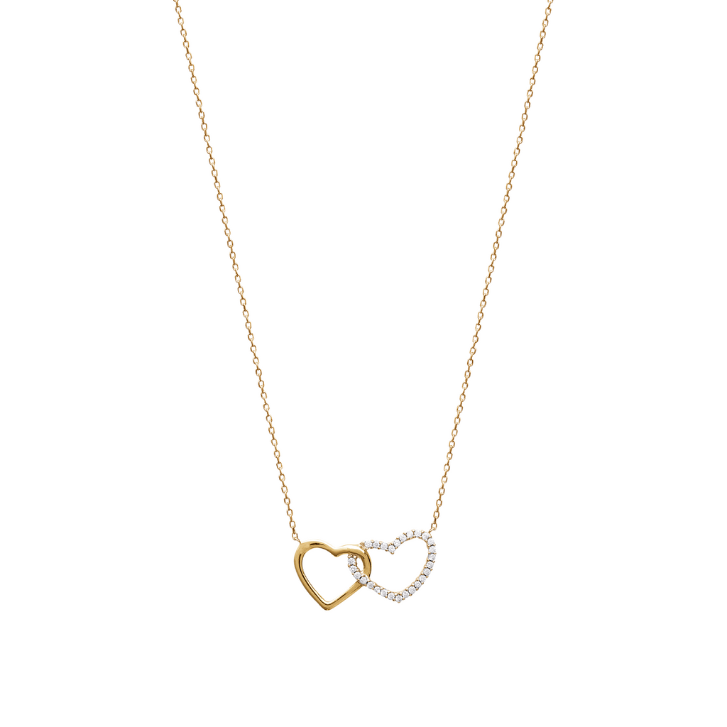 Mystigrey Milena Two Hearts .925 Sterling Silver Plated Rhodium and 18K Gold Plated Necklace for Women with Cubic Zirconia