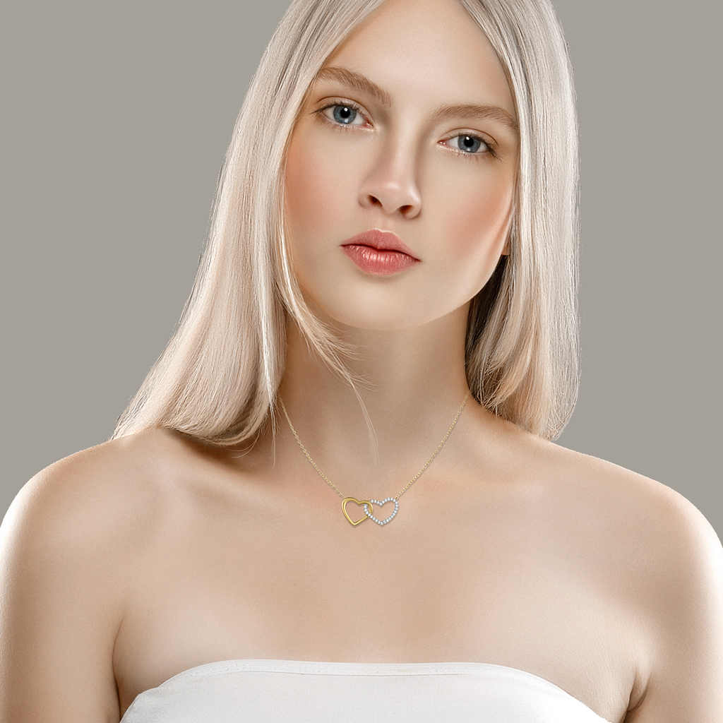 Mystigrey Milena Two Hearts .925 Sterling Silver Plated Rhodium and 18K Gold Plated Necklace for Women with Cubic Zirconia