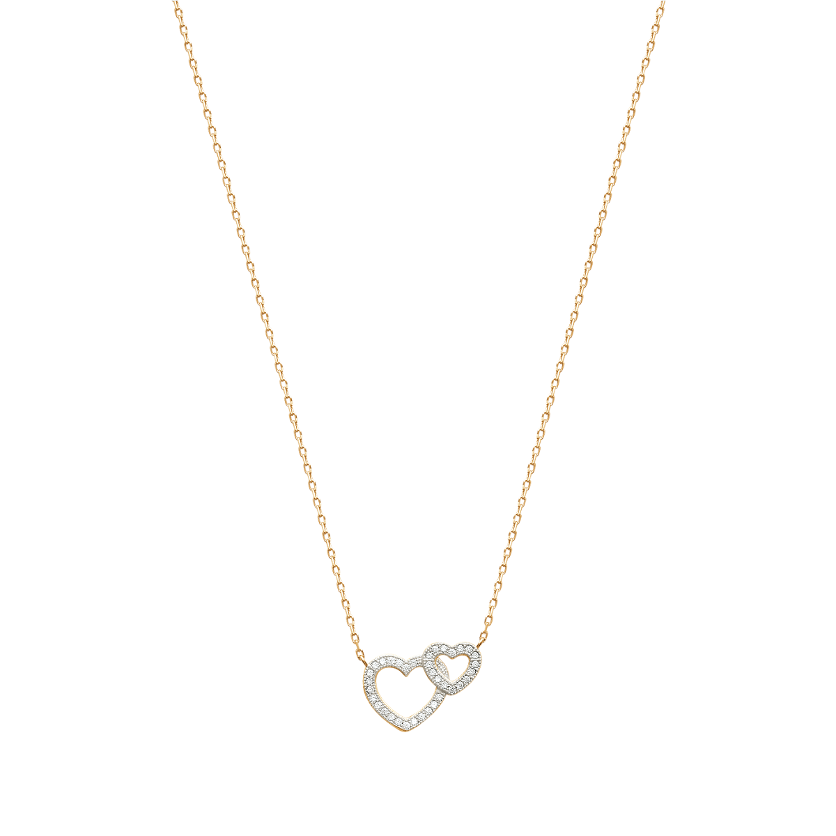 Mystigrey Milena Two Small Hearts .925 Sterling Silver Plated Rhodium and 18K Gold Plated Necklace for Women with Cubic Zirconia