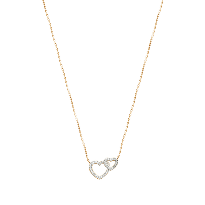 Mystigrey Milena Two Small Hearts .925 Sterling Silver Plated Rhodium and 18K Gold Plated Necklace for Women with Cubic Zirconia