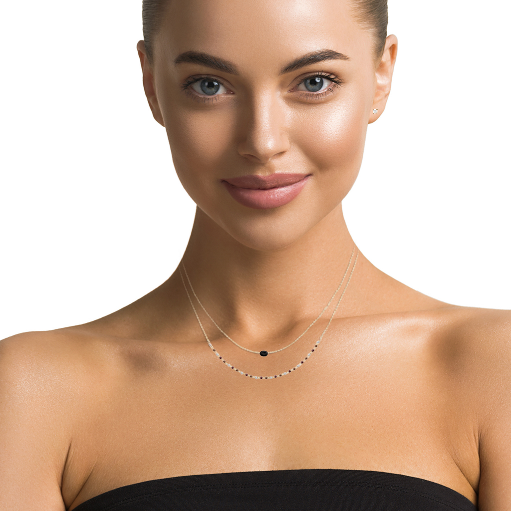 Mystigrey Agatha 18K Gold Plated  Double Necklace for Women Available in Black Agate, Blue Amazonite, Pink Quartz, Green Aventurine and White Moonstone