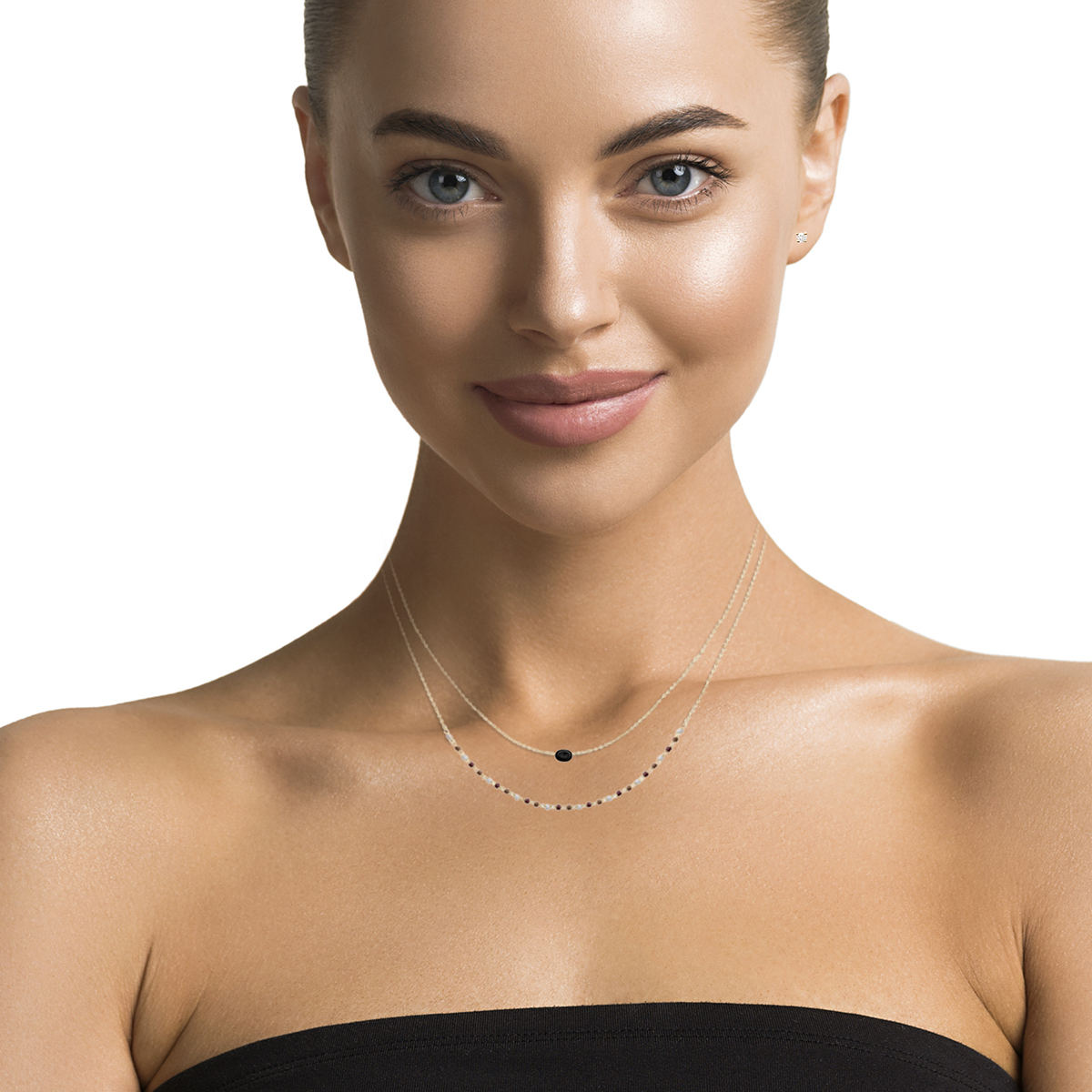 Mystigrey Agatha 18K Gold Plated  Double Necklace for Women Available in Black Agate, Blue Amazonite, Pink Quartz, Green Aventurine and White Moonstone