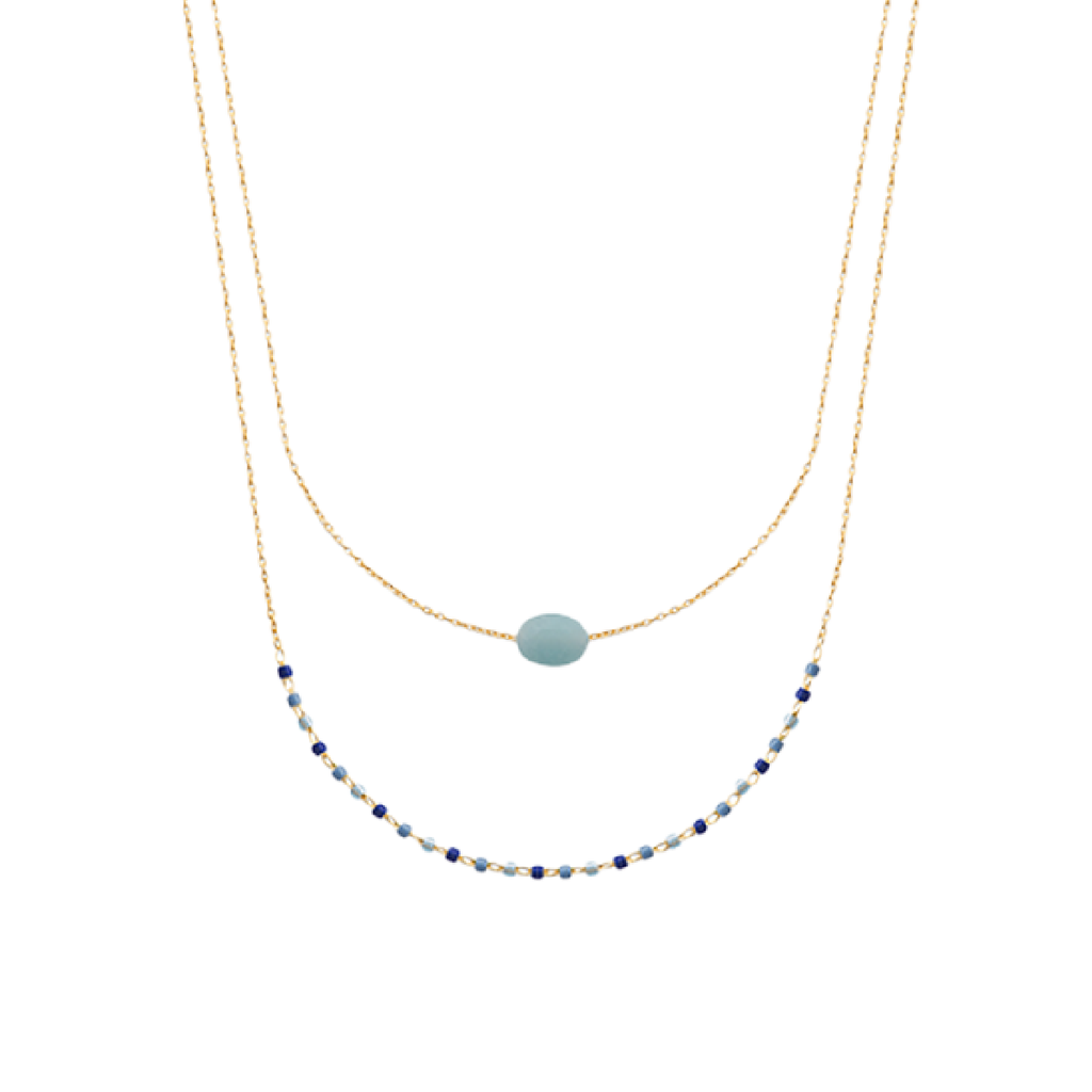 Mystigrey Agatha 18K Gold Plated  Double Necklace for Women Available in Black Agate, Blue Amazonite, Pink Quartz, Green Aventurine and White Moonstone