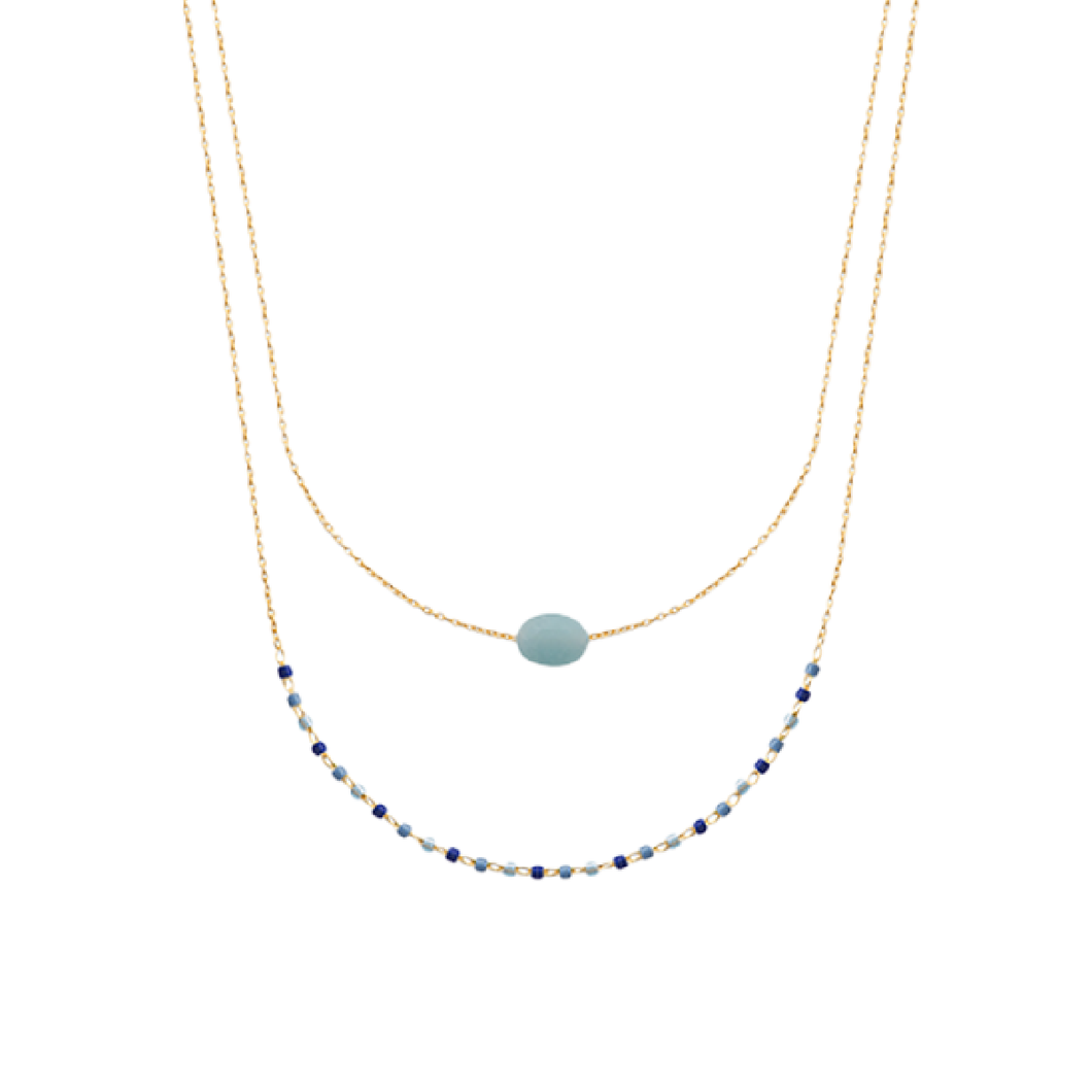 Mystigrey Agatha 18K Gold Plated  Double Necklace for Women Available in Black Agate, Blue Amazonite, Pink Quartz, Green Aventurine and White Moonstone