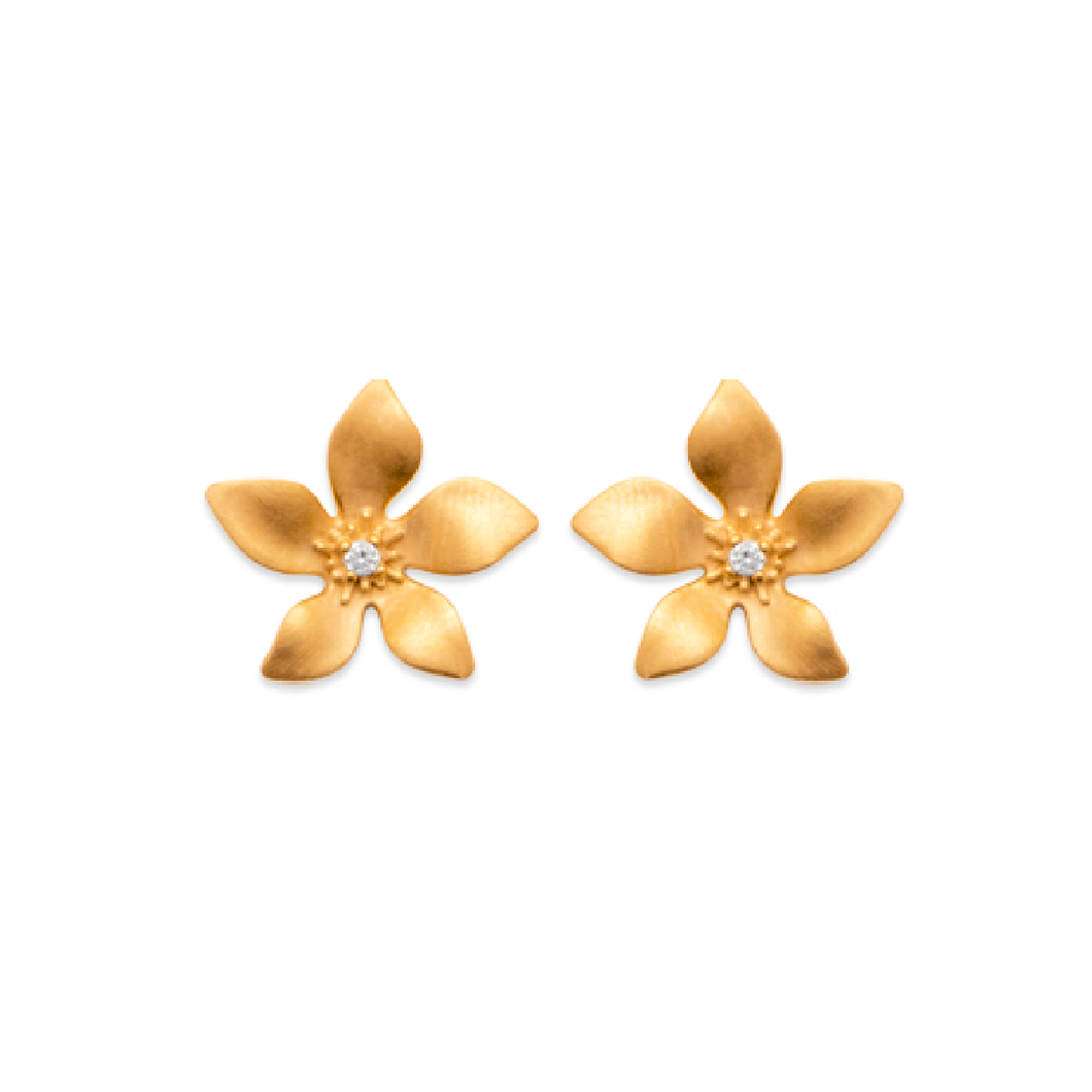 Mystigrey Leilani 18K Gold Plated Flower Stud Earrings for Women with Cubic Zirconia
