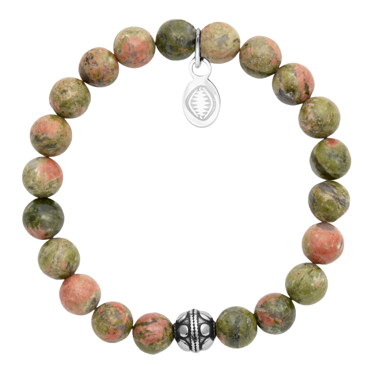 Rio Stainless Steel Bracelet Khaki Green Unakite with Steel Bead   Small