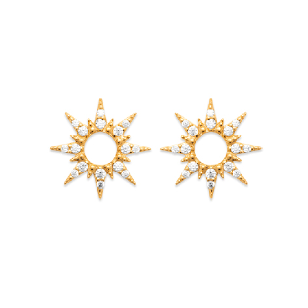Mystigrey Soleil 18K Gold Plated Sun Stud Earrings for Women with Cubic Zirconia